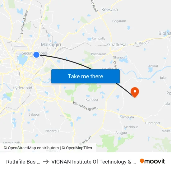 Rathifile Bus Station to VIGNAN Institute Of Technology & Science (V.I.T.S) map