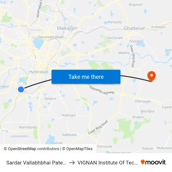 Sardar Vallabhbhai Patel National Police Academy to VIGNAN Institute Of Technology & Science (V.I.T.S) map