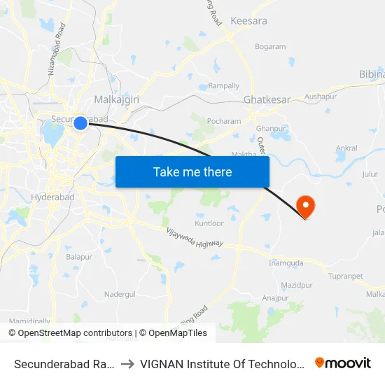 Secunderabad Railway Station to VIGNAN Institute Of Technology & Science (V.I.T.S) map
