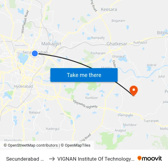 Secunderabad Bus Station to VIGNAN Institute Of Technology & Science (V.I.T.S) map