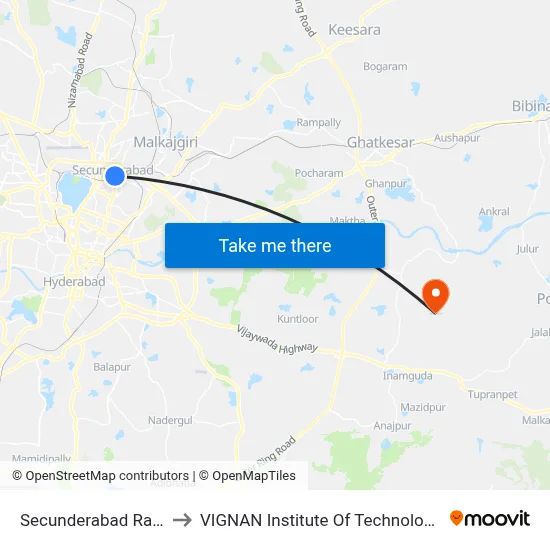 Secunderabad Railway Station to VIGNAN Institute Of Technology & Science (V.I.T.S) map