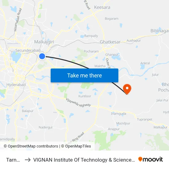 Tarnaka to VIGNAN Institute Of Technology & Science (V.I.T.S) map