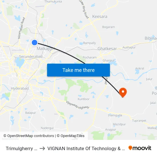 Trimulgherry X Road to VIGNAN Institute Of Technology & Science (V.I.T.S) map
