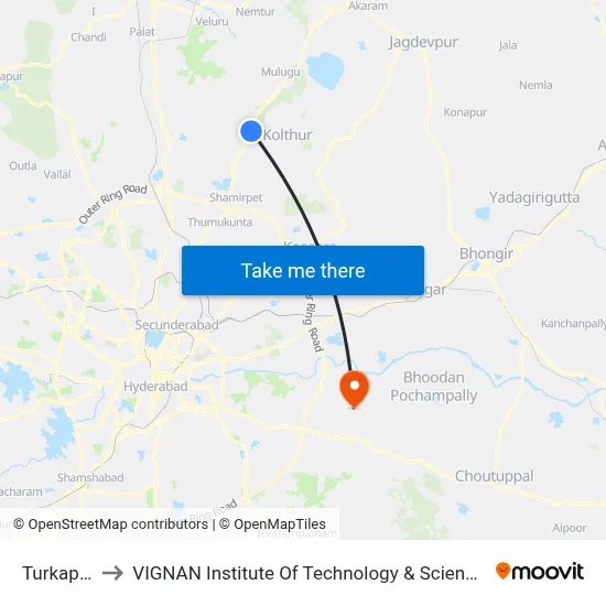 Turkapally to VIGNAN Institute Of Technology & Science (V.I.T.S) map