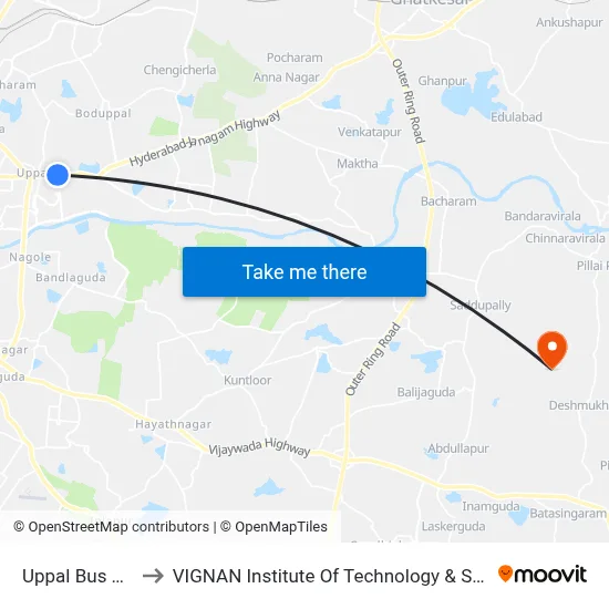 Uppal Bus Station to VIGNAN Institute Of Technology & Science (V.I.T.S) map