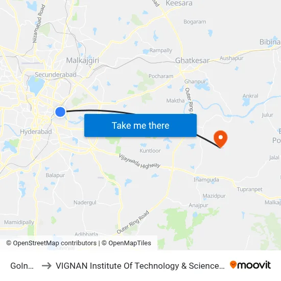 Golnaka to VIGNAN Institute Of Technology & Science (V.I.T.S) map