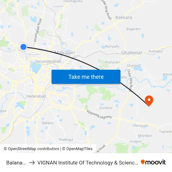 Balanagar to VIGNAN Institute Of Technology & Science (V.I.T.S) map