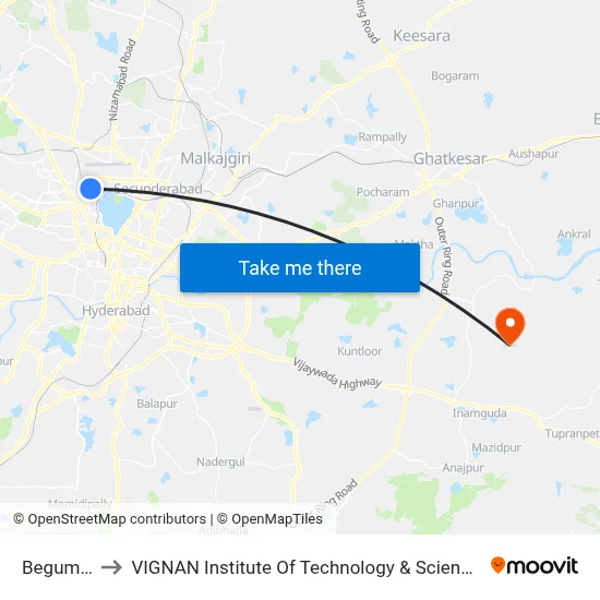 Begumpet to VIGNAN Institute Of Technology & Science (V.I.T.S) map