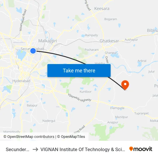Secunderabad to VIGNAN Institute Of Technology & Science (V.I.T.S) map