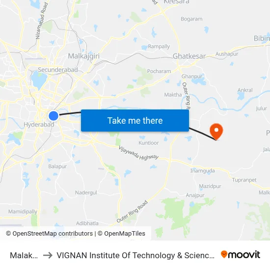 Malakpet to VIGNAN Institute Of Technology & Science (V.I.T.S) map