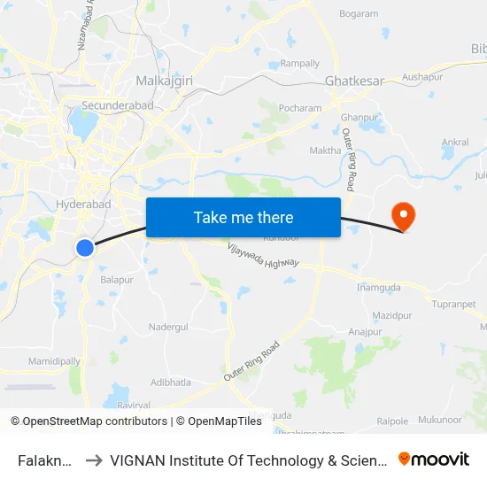 Falaknuma to VIGNAN Institute Of Technology & Science (V.I.T.S) map