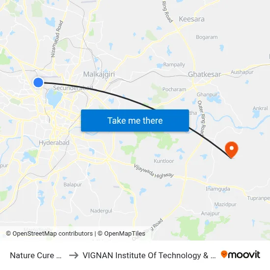Nature Cure Hospital to VIGNAN Institute Of Technology & Science (V.I.T.S) map