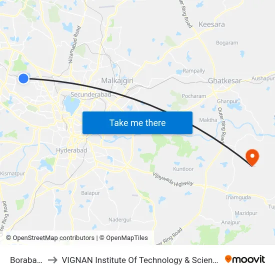 Borabanda to VIGNAN Institute Of Technology & Science (V.I.T.S) map