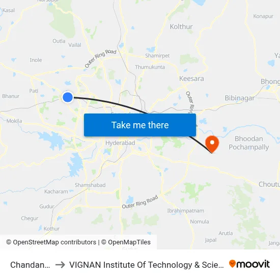 Chandanagar to VIGNAN Institute Of Technology & Science (V.I.T.S) map