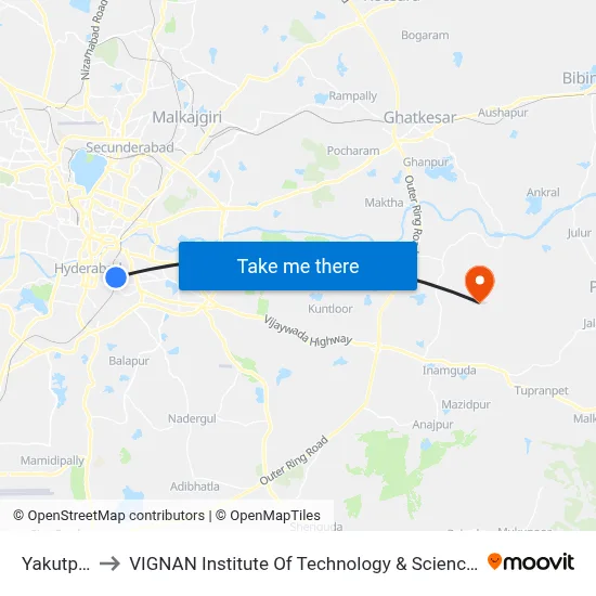 Yakutpura to VIGNAN Institute Of Technology & Science (V.I.T.S) map