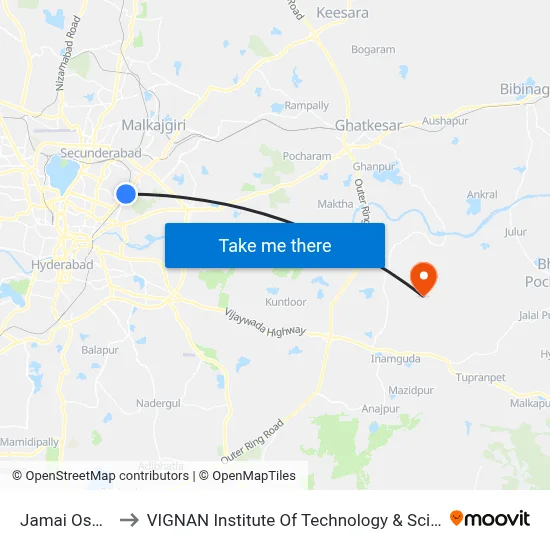 Jamai Osmania to VIGNAN Institute Of Technology & Science (V.I.T.S) map