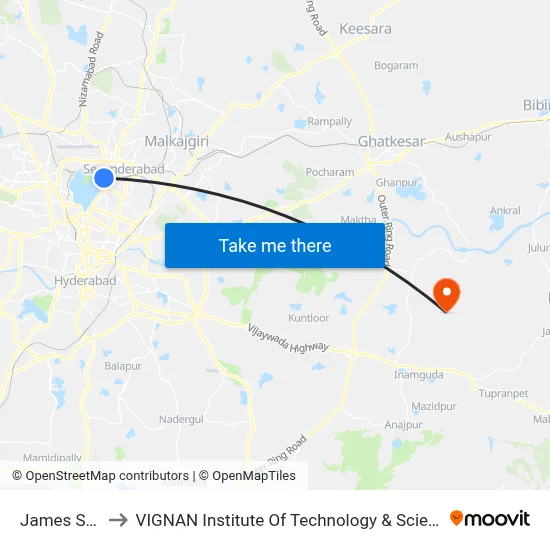 James Street to VIGNAN Institute Of Technology & Science (V.I.T.S) map