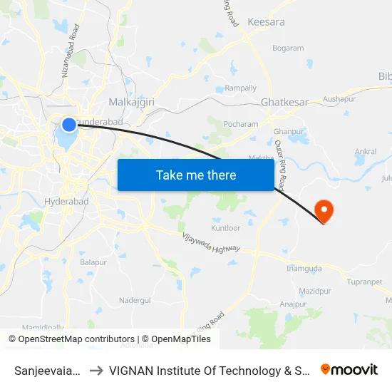 Sanjeevaiah Park to VIGNAN Institute Of Technology & Science (V.I.T.S) map