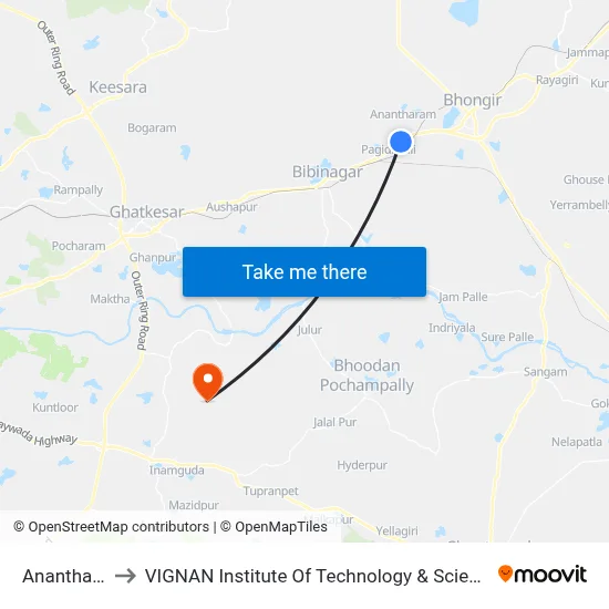 Anantharam to VIGNAN Institute Of Technology & Science (V.I.T.S) map