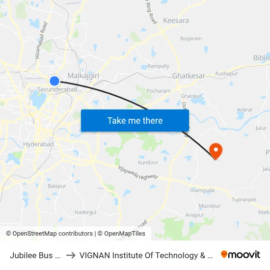 Jubilee Bus Station to VIGNAN Institute Of Technology & Science (V.I.T.S) map
