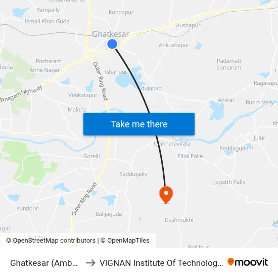 Ghatkesar (Ambedkar Nagar) to VIGNAN Institute Of Technology & Science (V.I.T.S) map