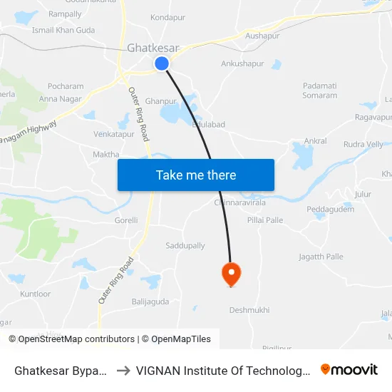 Ghatkesar Bypass Junction to VIGNAN Institute Of Technology & Science (V.I.T.S) map
