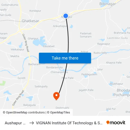 Aushapur Village to VIGNAN Institute Of Technology & Science (V.I.T.S) map