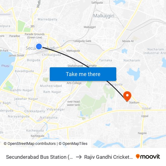 Secunderabad Bus Station (Gurudwara) to Rajiv Gandhi Cricket Stadium map