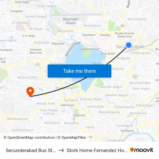Secunderabad Bus Station to Stork Home Fernandez Hospital map