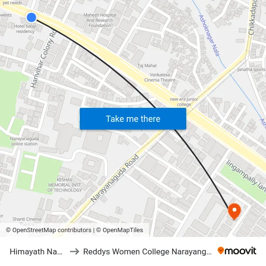 Himayath Nagar to Reddys Women College Narayanguda map