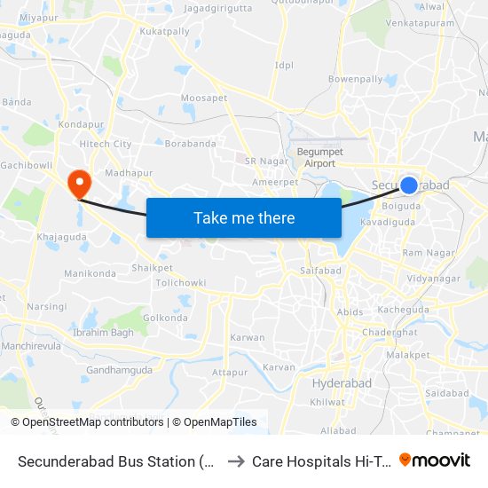 Secunderabad Bus Station (Gurudwara) to Care Hospitals Hi-Tech City map