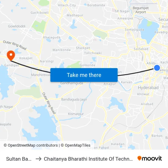 Sultan Bazar to Chaitanya Bharathi Institute Of Technology map