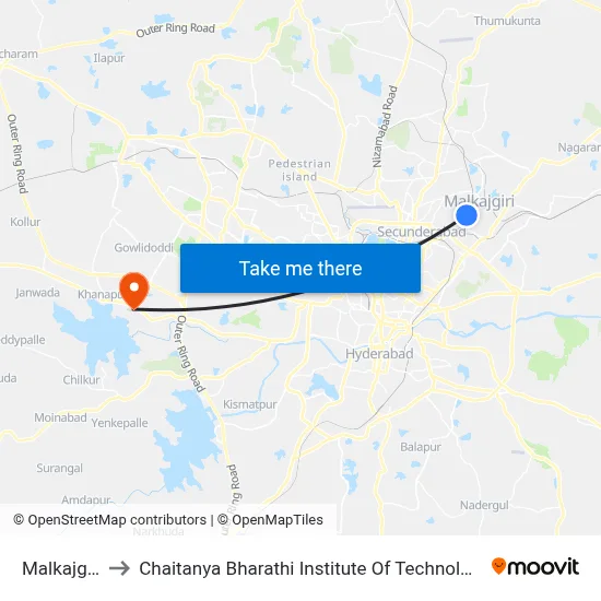 Malkajgiri to Chaitanya Bharathi Institute Of Technology map