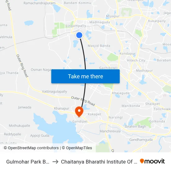 Gulmohar Park Bus Stop to Chaitanya Bharathi Institute Of Technology map