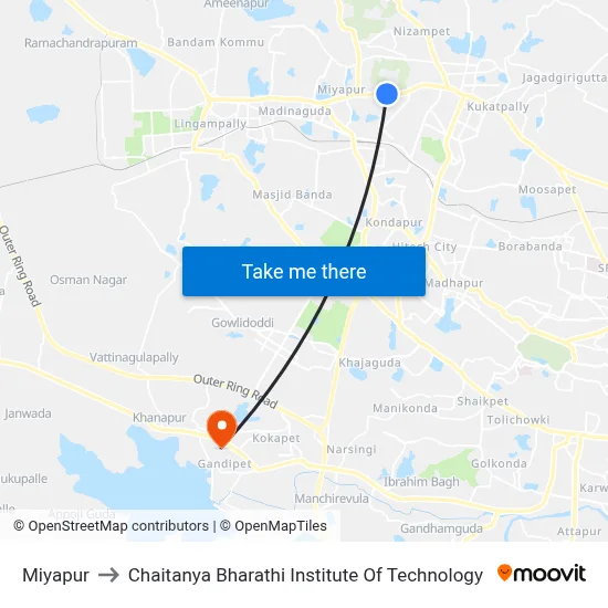 Miyapur to Chaitanya Bharathi Institute Of Technology map