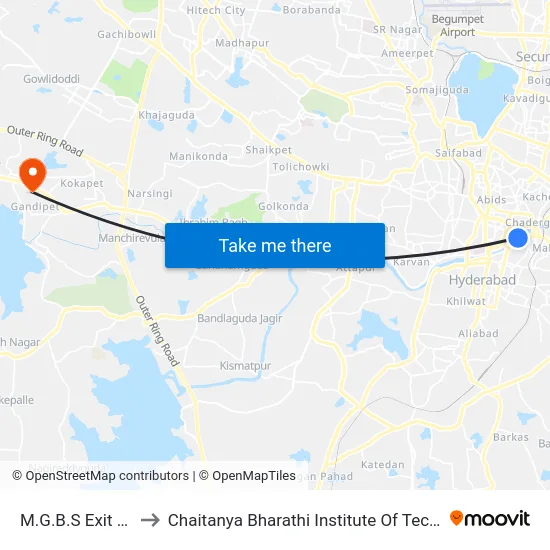 M.G.B.S Exit Gate to Chaitanya Bharathi Institute Of Technology map