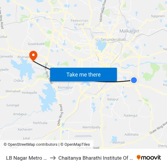 LB Nagar Metro Station to Chaitanya Bharathi Institute Of Technology map