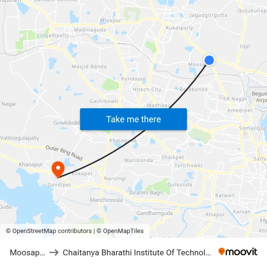 Moosapet to Chaitanya Bharathi Institute Of Technology map