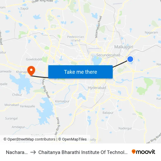Nacharam to Chaitanya Bharathi Institute Of Technology map