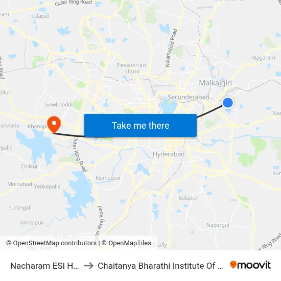 Nacharam ESI Hospital to Chaitanya Bharathi Institute Of Technology map