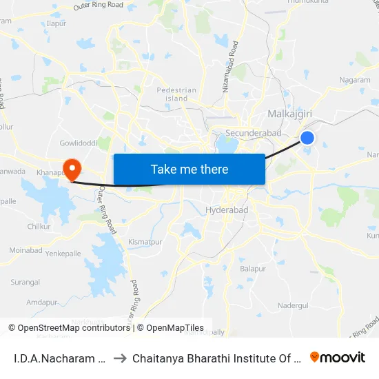 I.D.A.Nacharam X Road to Chaitanya Bharathi Institute Of Technology map