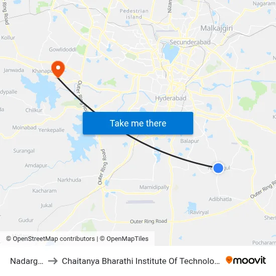 Nadargul to Chaitanya Bharathi Institute Of Technology map