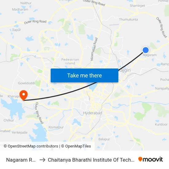 Nagaram Road to Chaitanya Bharathi Institute Of Technology map