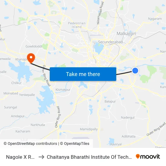 Nagole X Road to Chaitanya Bharathi Institute Of Technology map