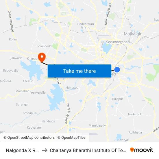 Nalgonda X Roads to Chaitanya Bharathi Institute Of Technology map