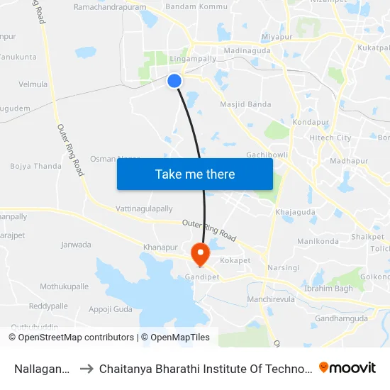 Nallagandla to Chaitanya Bharathi Institute Of Technology map