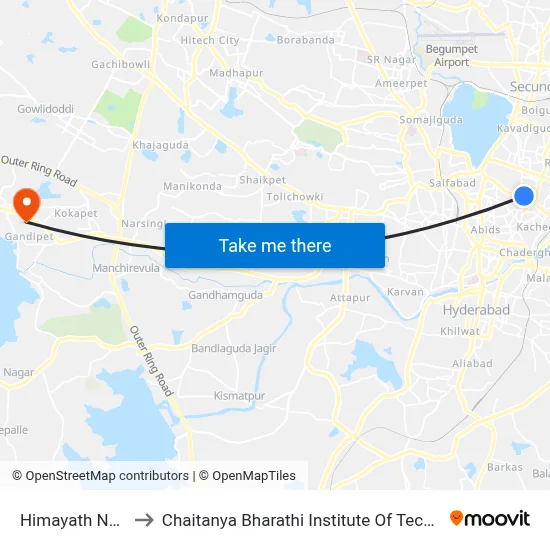Himayath Nagar to Chaitanya Bharathi Institute Of Technology map