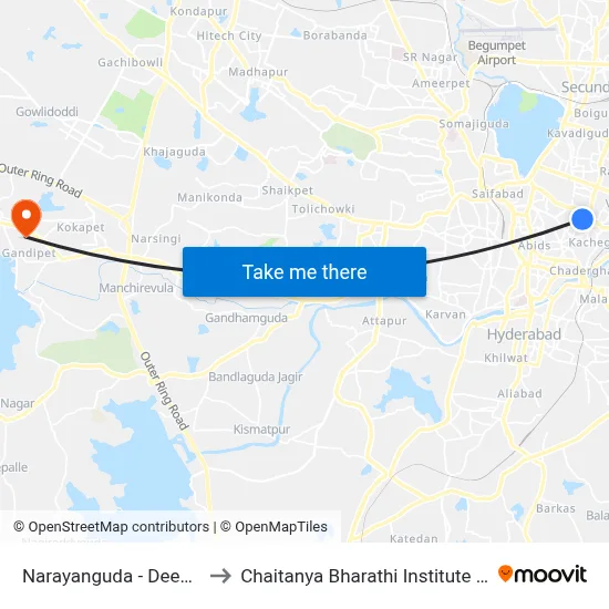 Narayanguda - Deepak Theatre to Chaitanya Bharathi Institute Of Technology map