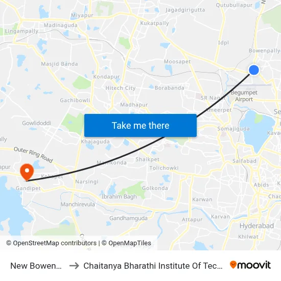 New Bowenpally to Chaitanya Bharathi Institute Of Technology map