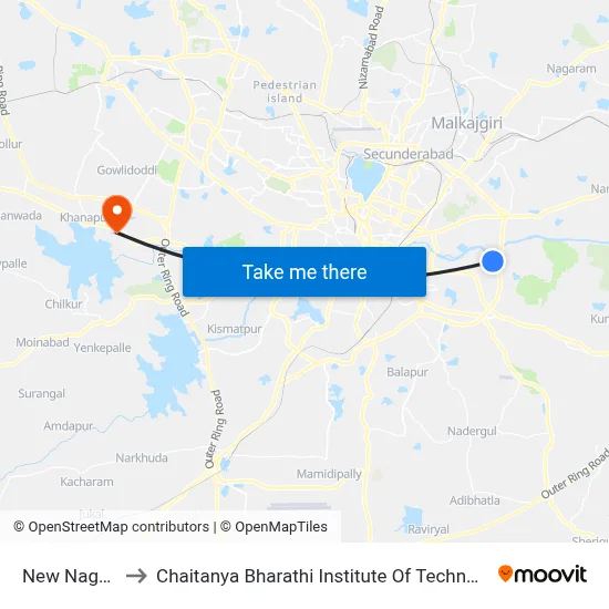 New Nagole to Chaitanya Bharathi Institute Of Technology map